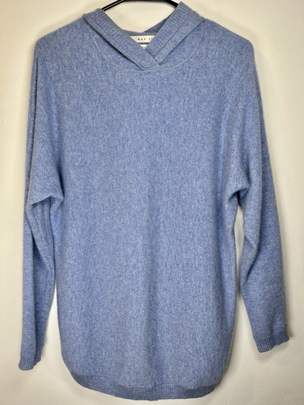 Max Studio Women’s 100% 2-Ply Cashmere Hooded Long Sleeve Blue Knit Sweater Sz L